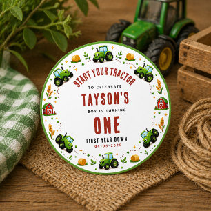 Rustic Green Tractor Farm First Year Down One Classic Round Sticker