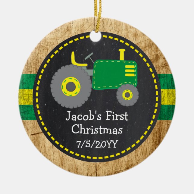 Rustic Green Tractor First Christmas Wood Photo Ceramic Tree Decoration (Front)