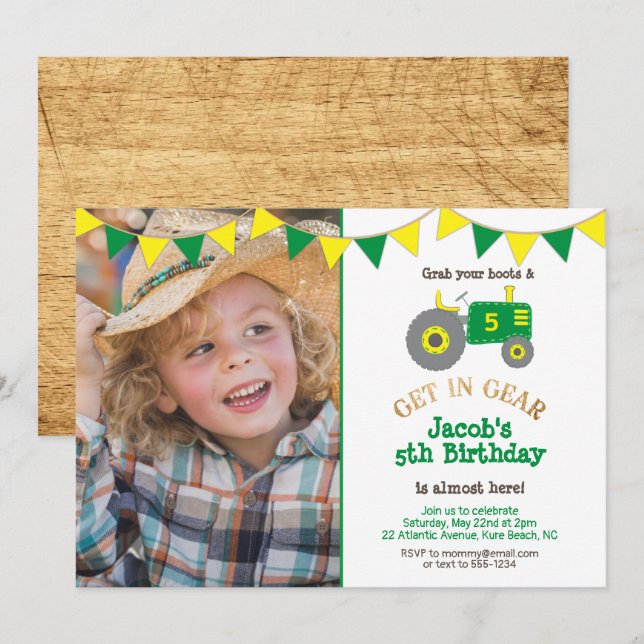 Rustic Green Tractor Photo Birthday Party Invitation (Front/Back)