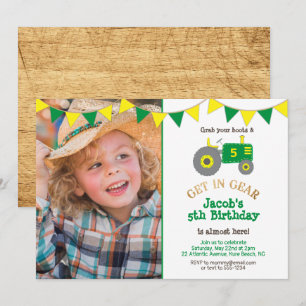 Rustic Green Tractor Photo Birthday Party Invitation