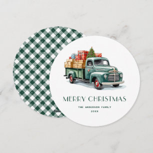 Rustic Green Truck Gingham Plaid Christmas Cards