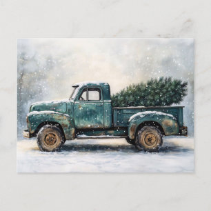 Rustic Green Truck with Christmas Tree Postcard