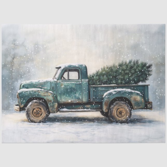 Rustic Green Truck with Christmas Tree Tissue Paper (Front)