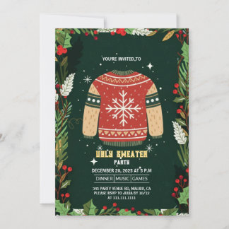 Rustic Green Ugly Christmas Sweater Party Invitation