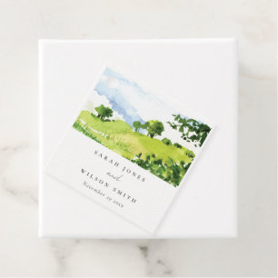 Rustic Green Watercolor Countryside Hills Wedding Favour Tags