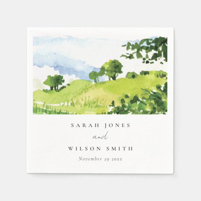Rustic Green Watercolor Countryside Hills Wedding Napkin (Front)