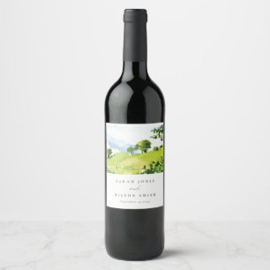 Rustic Green Watercolor Countryside Hills Wedding Wine Label