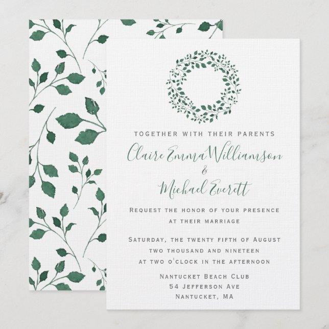Rustic Green Watercolor Foliage Pattern | Wedding Invitation (Front/Back)