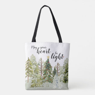 Rustic Green Watercolor Forest Pine Tree Christmas Tote Bag
