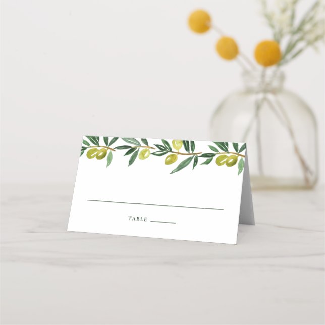 Rustic Green Watercolor Olives Garland Wedding Place Card (Front)