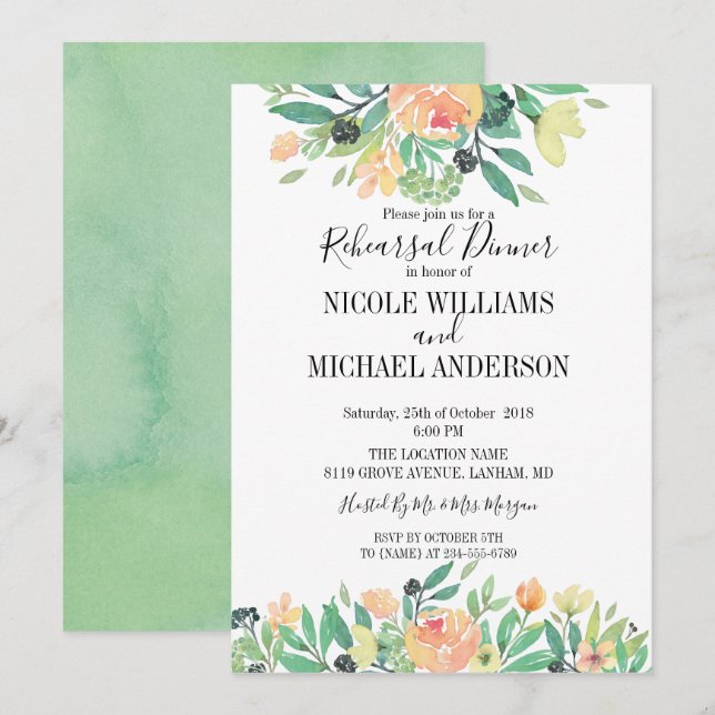 RUSTIC Green watercolor peony Rehearsal Dinner Invitation (Front/Back)