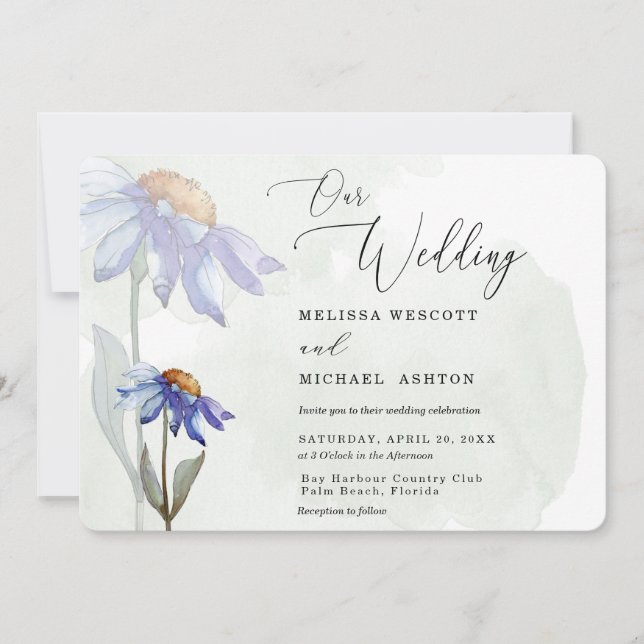 Rustic Green Watercolor Purple Daisy Wedding Invitation (Front)