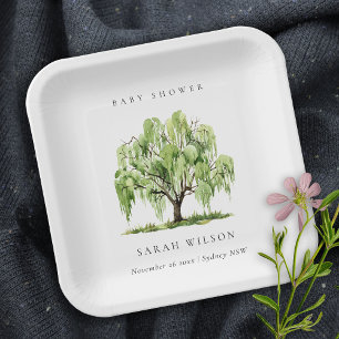 Rustic Green Watercolor Willow Tree Baby Shower Paper Plate