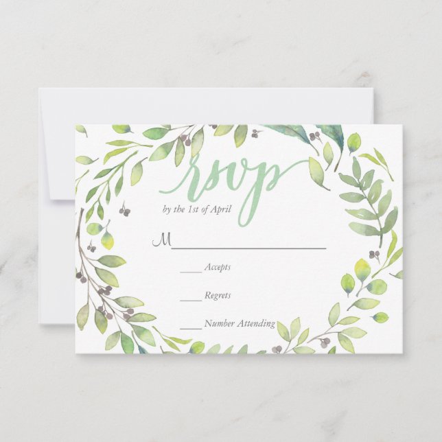RUSTIC Green watercolor WREATH leaves  RSVP Card (Front)