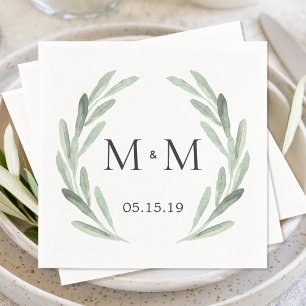 Rustic Green Watercolor Wreath Monogram Wedding Napkin
