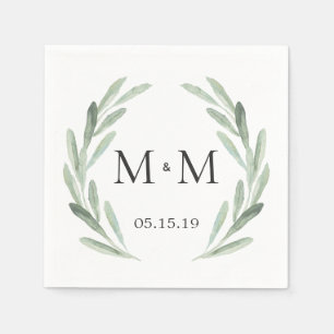 Rustic Green Watercolor Wreath Monogram Wedding Napkin
