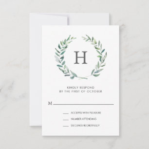 Rustic Green Watercolor Wreath Monogram Wedding RSVP Card