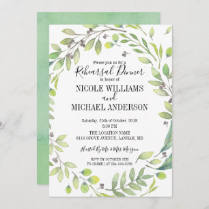RUSTIC Green watercolor WREATH Rehearsal Dinner Invitation