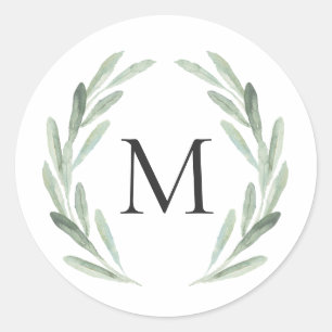Rustic Green Watercolor Wreath Simple Monogram Classic Round Sticker
