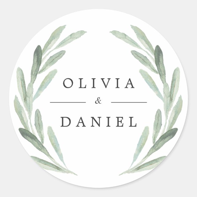 Rustic Green Watercolor Wreath Simple Wedding Classic Round Sticker (Front)