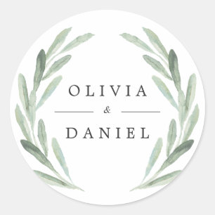 Rustic Green Watercolor Wreath Simple Wedding Classic Round Sticker