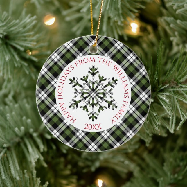 Rustic Green White Black Tartan Checks Snowflakes Ceramic Tree Decoration (Tree)