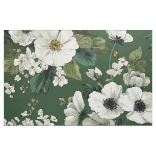 Rustic Green White Botanical Bold Vintage Floral Fabric