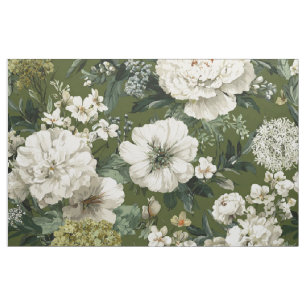 Rustic Green White Botanical Bold Vintage Floral Fabric