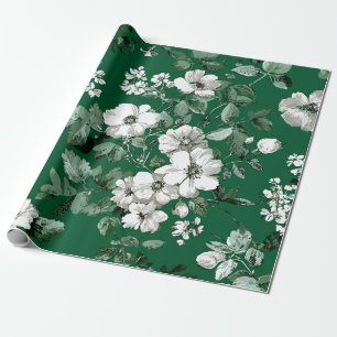 Rustic Green White Botanical Bold Vintage Floral Wrapping Paper