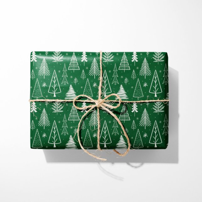 Rustic Green & White Christmas Trees Wrapping Paper (Creator Uploaded)