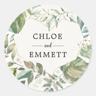 Rustic Green White Gold Botanical Heart Wedding Classic Round Sticker
