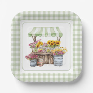 Rustic Green Wildflower Sunflowers Farmers Market Paper Plate
