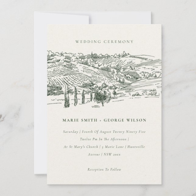 Rustic Green Winery Mountain Sketch Wedding Invitation (Front)