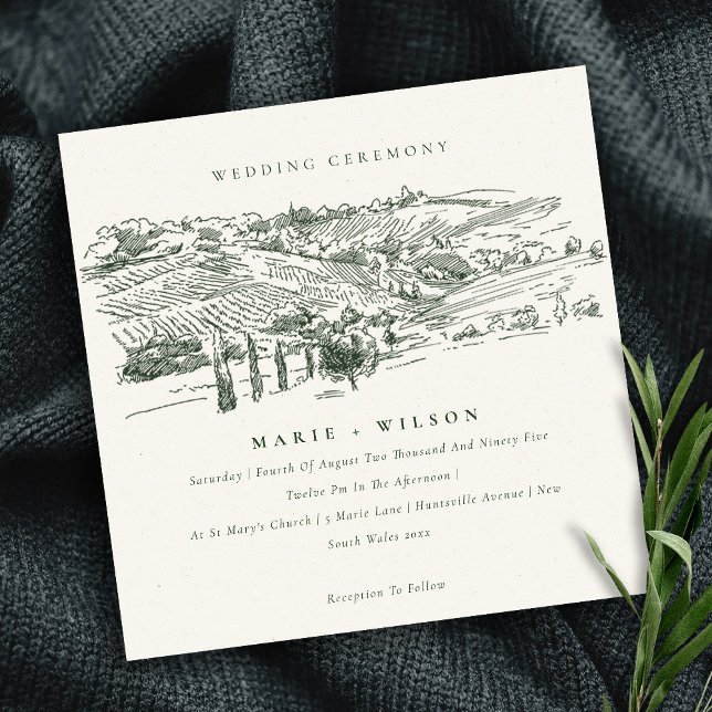 Rustic Green Winery Mountain Sketch Wedding Invite (Creator Uploaded)