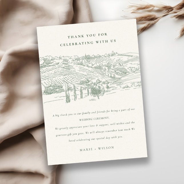 Rustic Green Winery Mountain Sketch Wedding Thank You Card (Creator Uploaded)