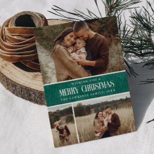 Rustic Green Winter Christmas 3 Photo Collage Holiday Card