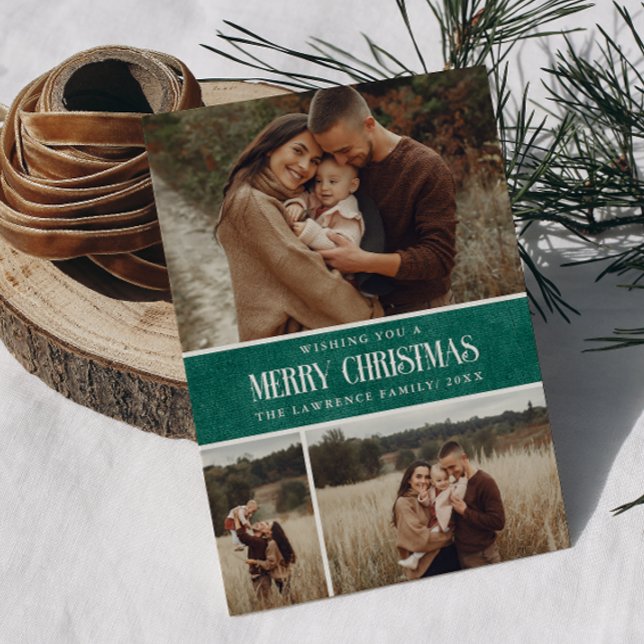 Rustic Green Winter Christmas 3 Photo Collage Holiday Card (Creator Uploaded)