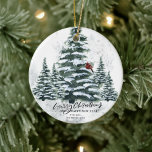 Rustic Green Winter Pine Trees Red Cardinal Bird  Ceramic Tree Decoration<br><div class="desc">Rustic Green Winter Pine Trees Red Cardinal Bird Watercolor Holiday Christmas Ornament. Celebrate holidays with this simple and modern non-photo design festive, natural nature colour style cards! Featuring a snowy day in a mountain with tall, soft green painted watercolor forest pine trees and a winter red bird on the tree....</div>