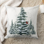 Rustic Green Winter Pine Trees Red Cardinal Bird  Cushion<br><div class="desc">Rustic Green Winter Pine Trees Red Cardinal Bird Watercolor Holiday Christmas Throw Pillow. Celebrate holidays with this simple and modern non-photo design festive, natural nature colour style cards! Featuring a snowy day in a mountain with tall, soft green painted watercolor forest pine trees and a winter red bird on the...</div>