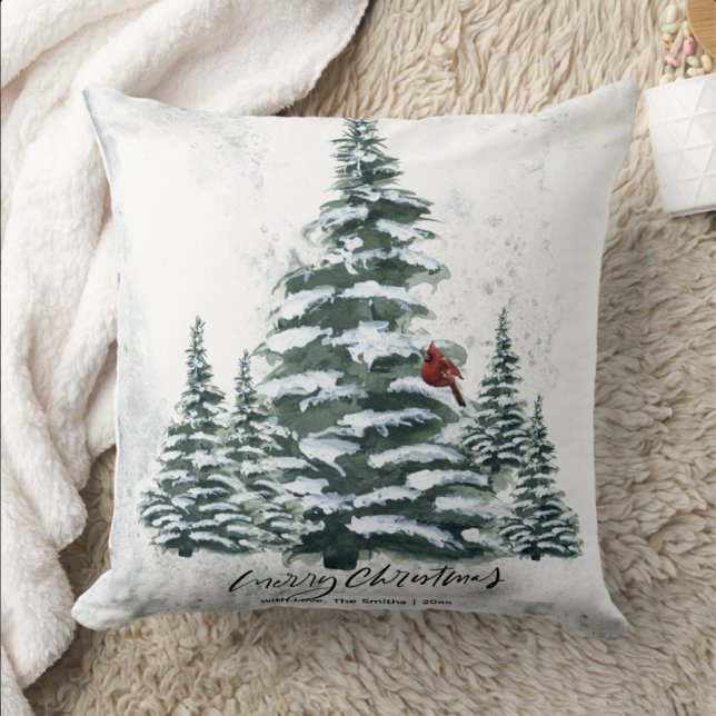 Rustic Green Winter Pine Trees Red Cardinal Bird  Cushion (Creator Uploaded)