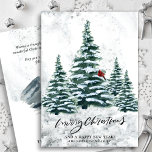 Rustic Green Winter Pine Trees Red Cardinal Bird  Holiday Card<br><div class="desc">Rustic Green Winter Pine Trees Red Cardinal Bird Watercolor Holiday Card. Send holiday greetings to your loved ones with this simple and modern non-photo design festive, natural nature colour style cards! Featuring a snowy day in a mountain with tall, soft green painted watercolor forest pine trees and a winter red...</div>
