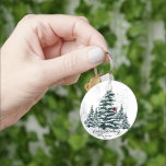 Rustic Green Winter Pine Trees Red Cardinal Bird  Key Ring<br><div class="desc">Rustic Green Winter Pine Trees Red Cardinal Bird Watercolor Holiday Christmas Keychain. Celebrate holidays with this simple and modern non-photo design festive, natural nature colour style cards! Featuring a snowy day in a mountain with tall, soft green painted watercolor forest pine trees and a winter red bird on the tree....</div>