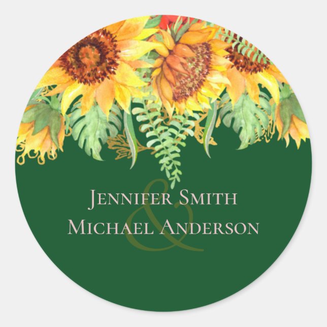 Rustic Green with Sunflowers Wedding Budget Classic Round Sticker (Front)