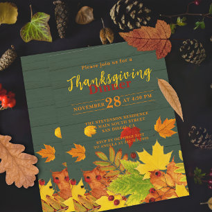 Rustic Green Wood Autumn Leaves Thanksgiving Invitation