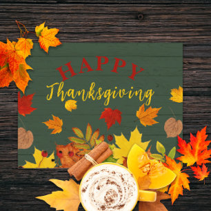 Rustic Green Wood Autumn Leaves Thanksgiving Postcard