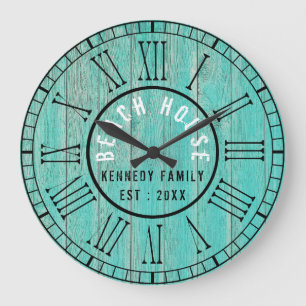 Rustic Green Wood Beach House Black Roman Numeral Large Clock