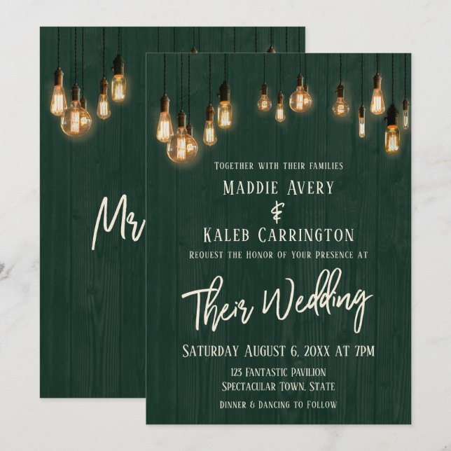 Rustic Green Wood Edison Lights Typography Wedding Invitation (Front/Back)