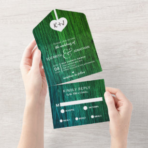 Rustic Green Wood Heart Wedding All In One Invitation