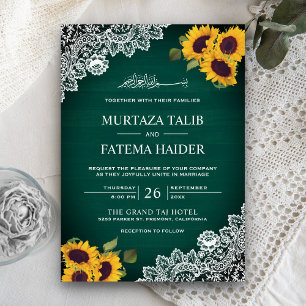 Rustic Green Wood Lace Sunflower Muslim Wedding Invitation