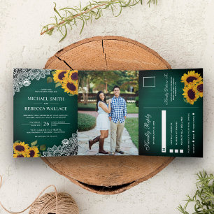 Rustic Green Wood Lace Sunflower Wedding Photo Tri-Fold Invitation